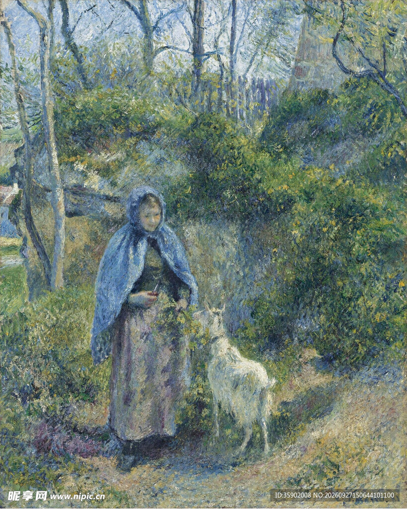 牧羊妇与山羊风景油画