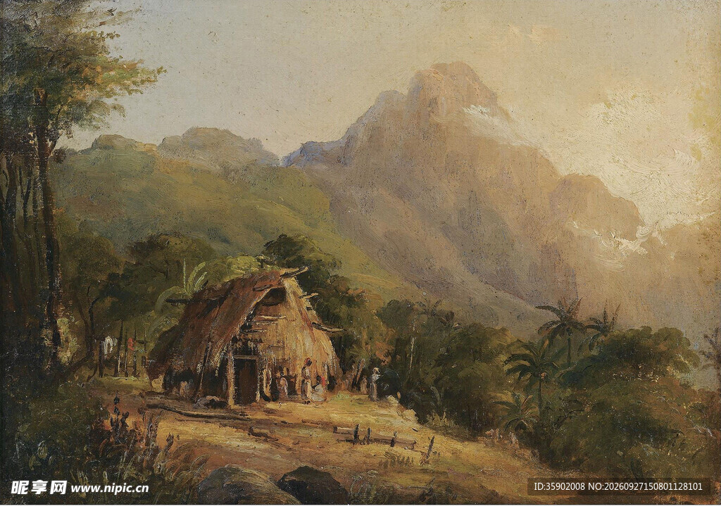 山间茅屋风景油画