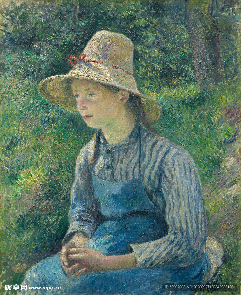 林间戴草帽少女油画