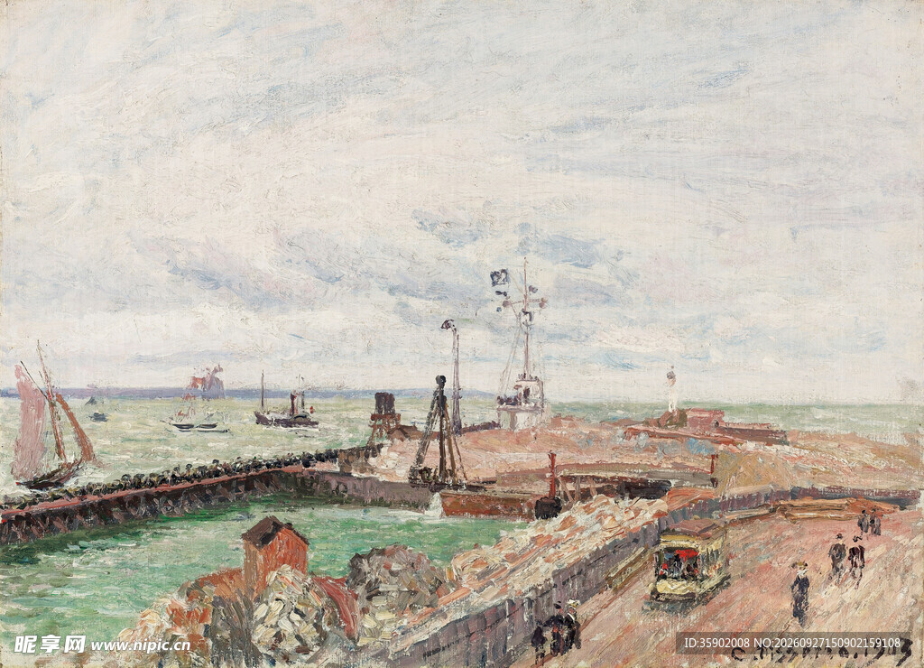滨海港口风景油画