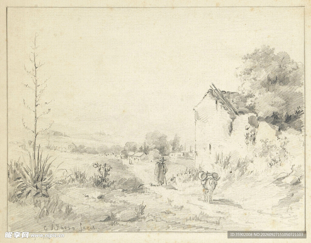 复古素描乡村水岸风景