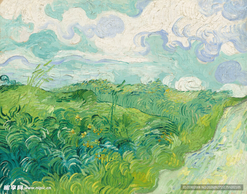 青绿田野风景油画