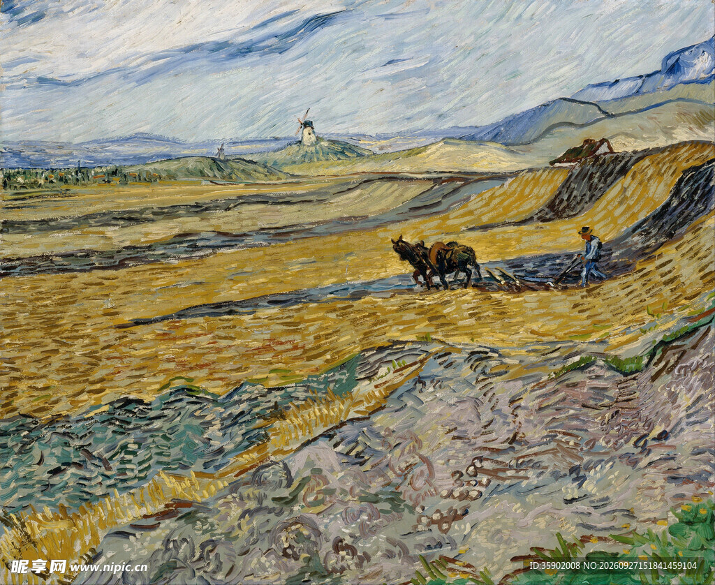 麦田耕作风景油画