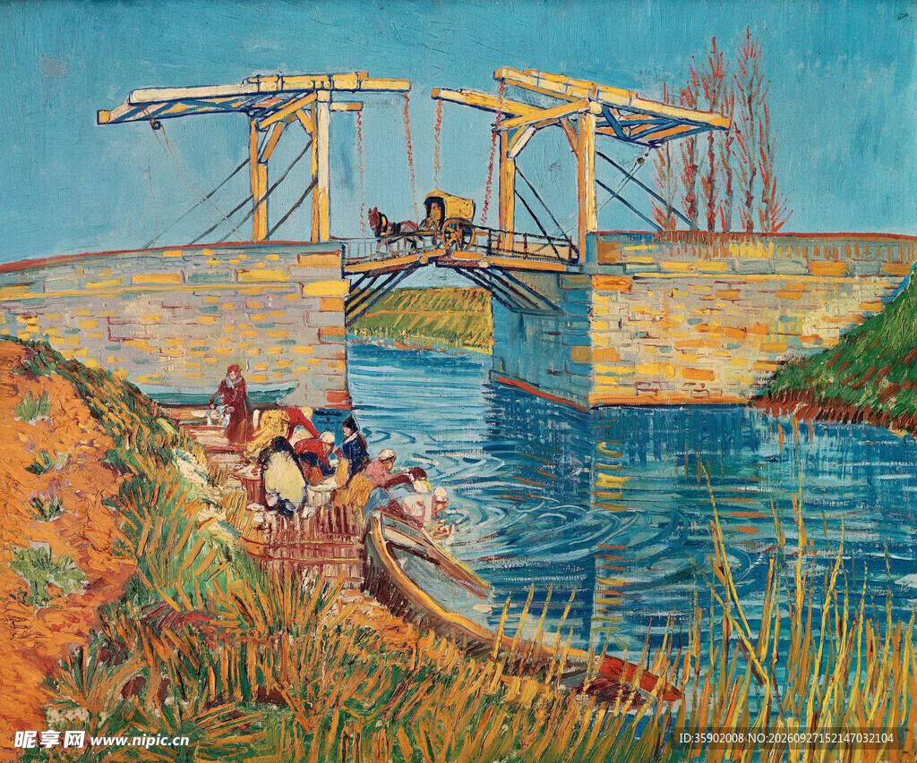 河畔吊桥风景油画