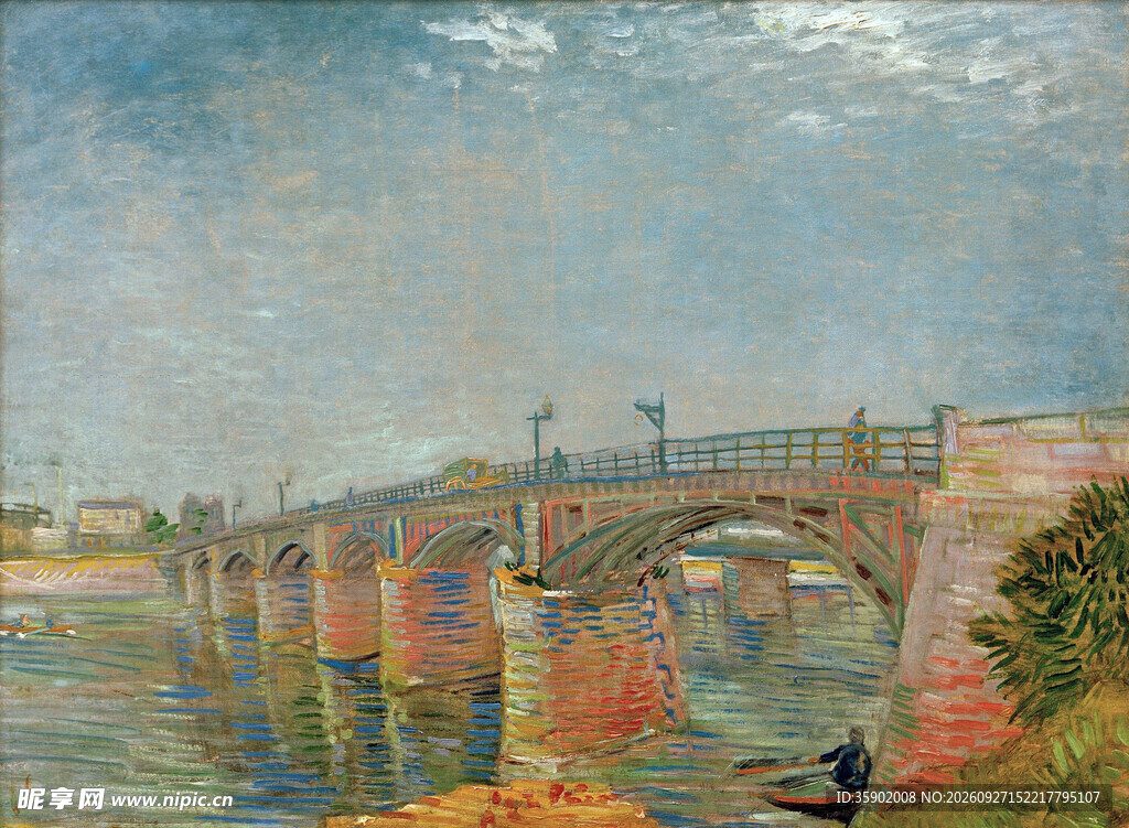 河畔大桥风景油画