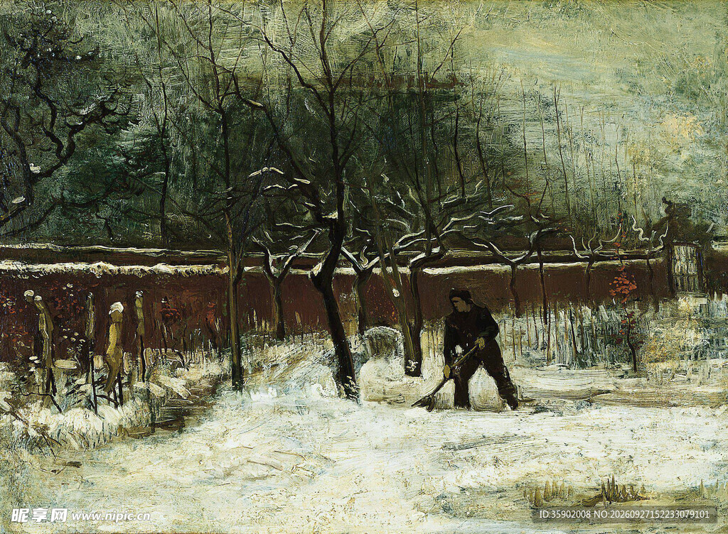 冬日扫雪风景油画
