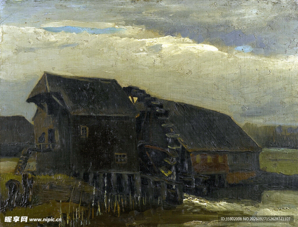 临水乡村木屋风景油画