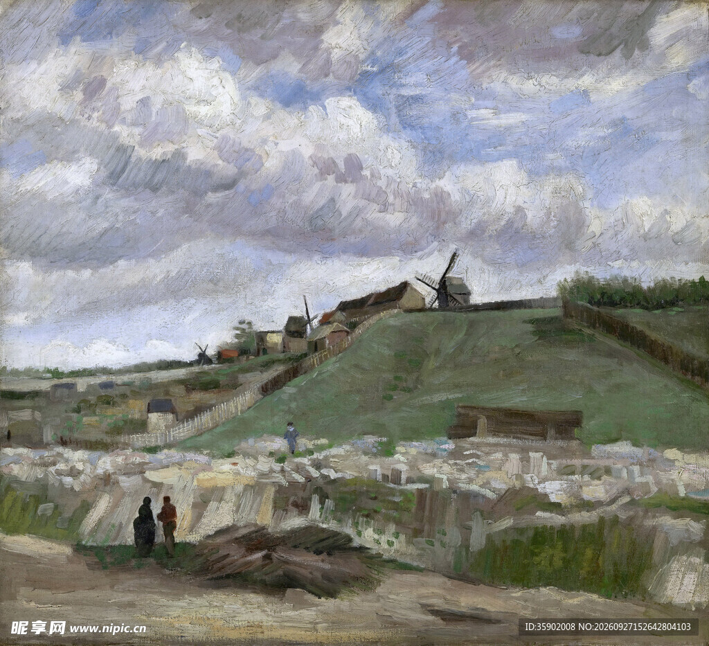 郊野风车风景油画