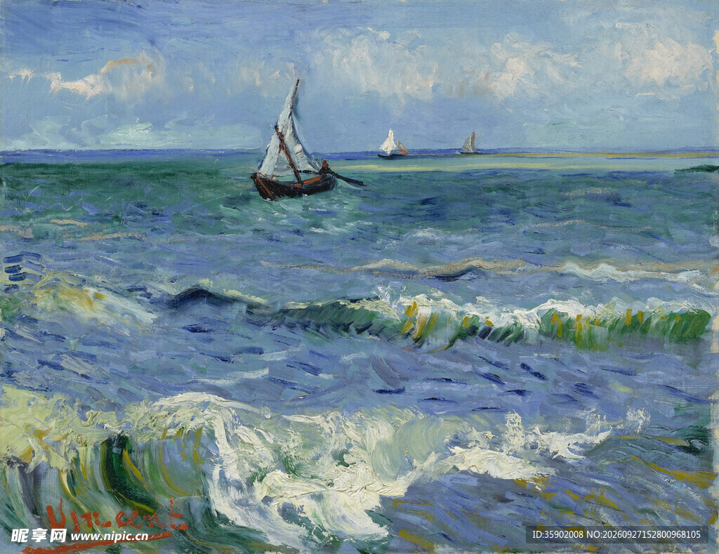 印象派海上帆船油画
