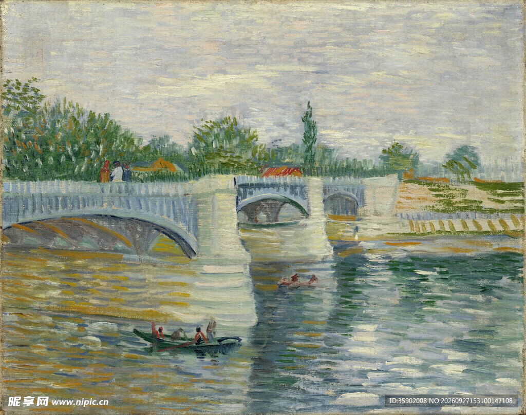 河畔石桥风景油画