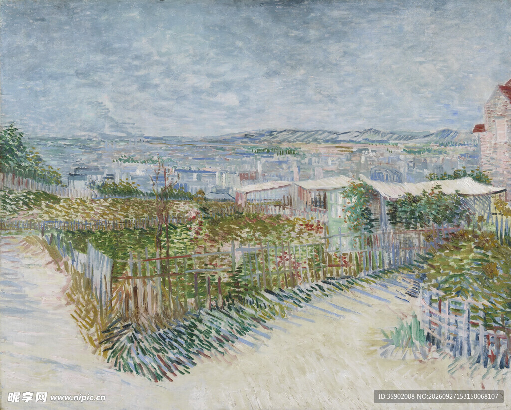 河畔郊野点彩风景油画