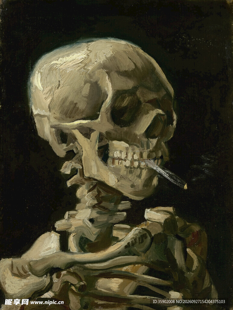 叼烟骷髅复古油画
