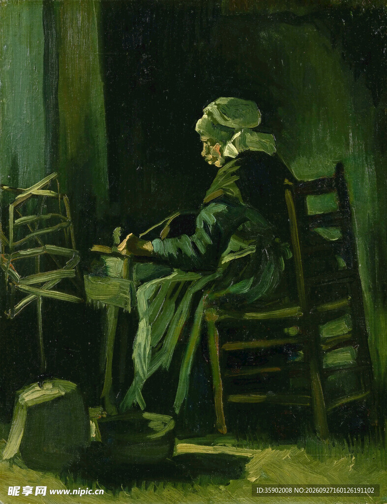 织机前劳作的老妇油画