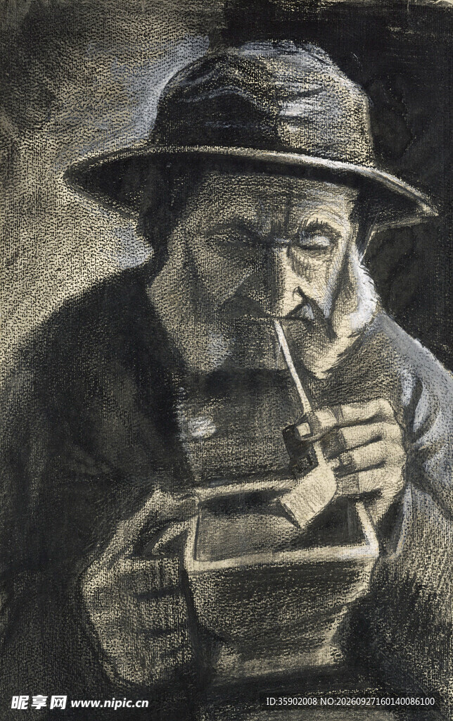 持烟斗男子复古素描肖像