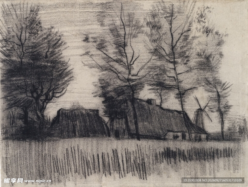 手绘乡村郊野素描风景