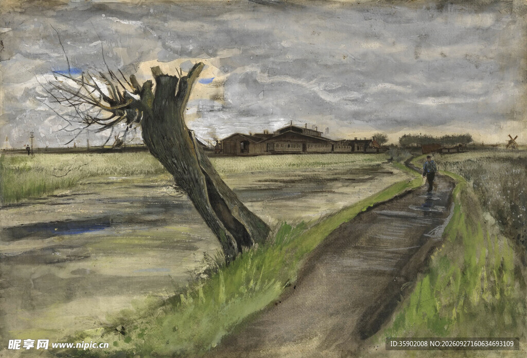 郊野孤树风景油画