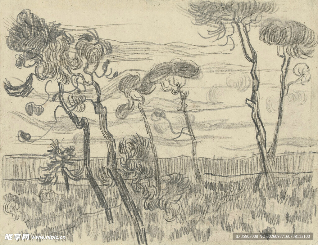 复古版画树木风景