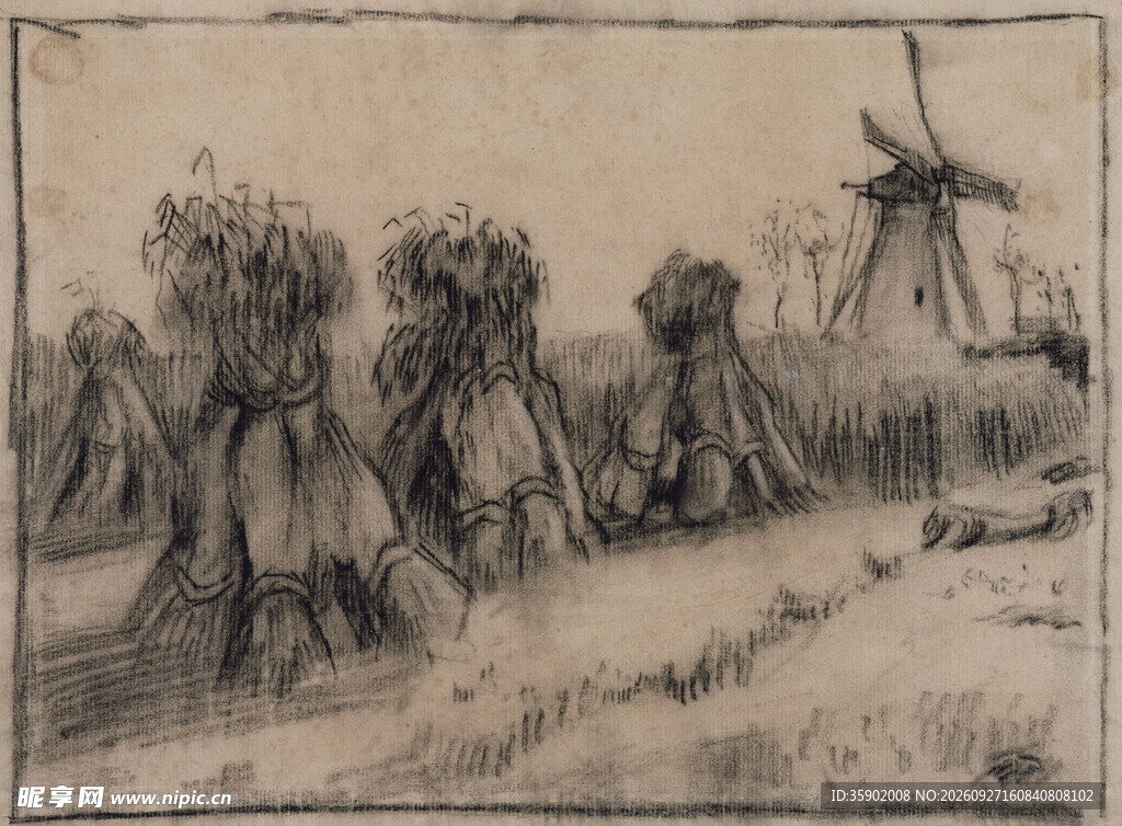 复古素描郊野风车风景