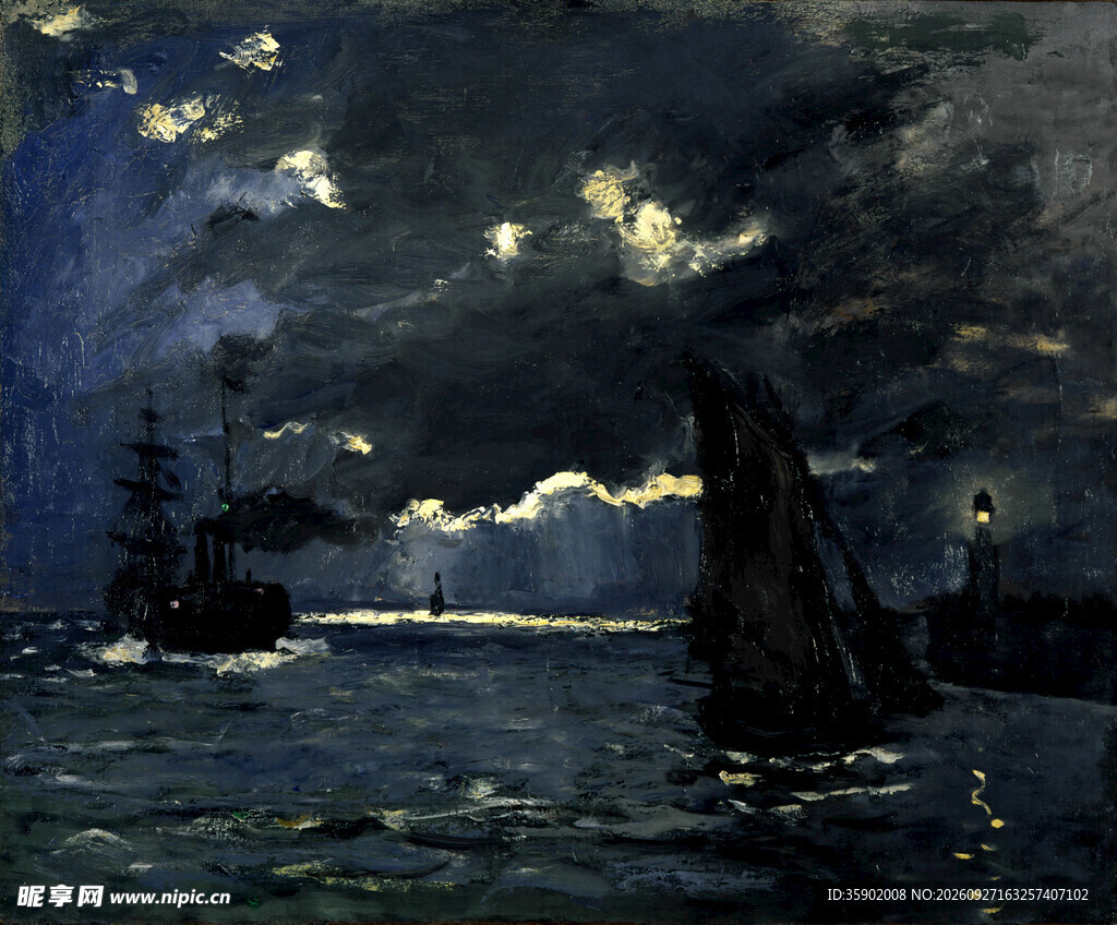 月夜海景帆船油画