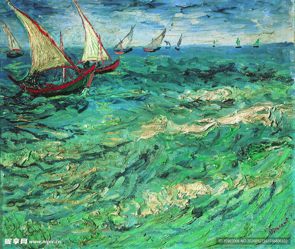 梵高海景帆船油画