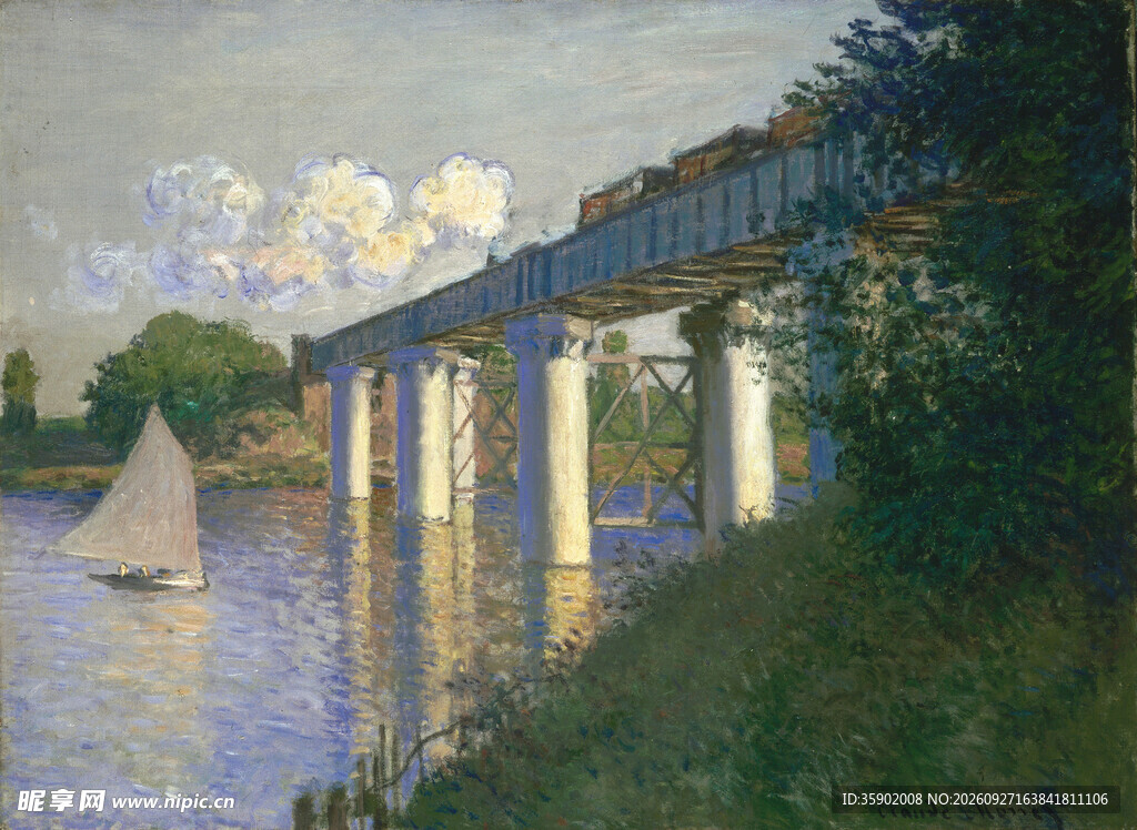 河畔桥梁风景油画
