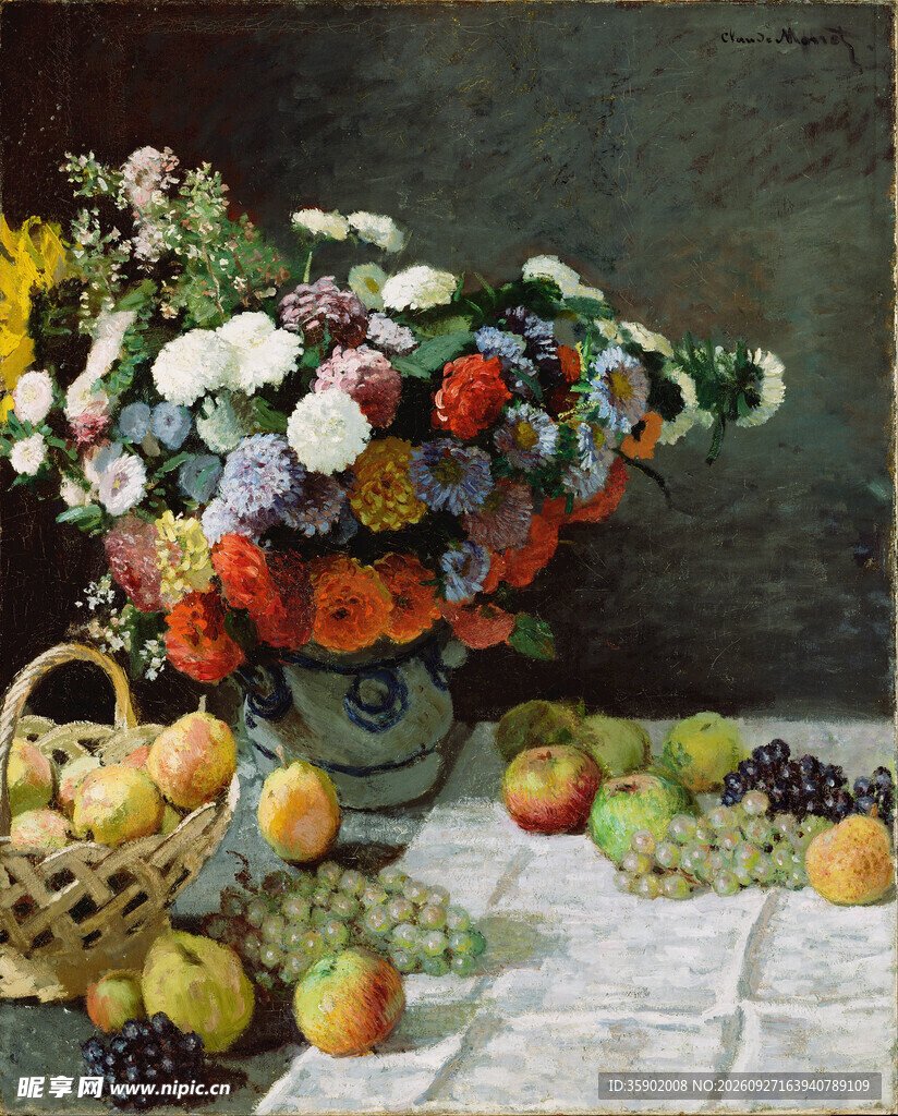 鲜花水果静物油画