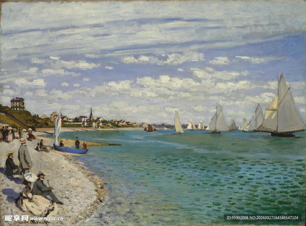 海滨帆船风景油画