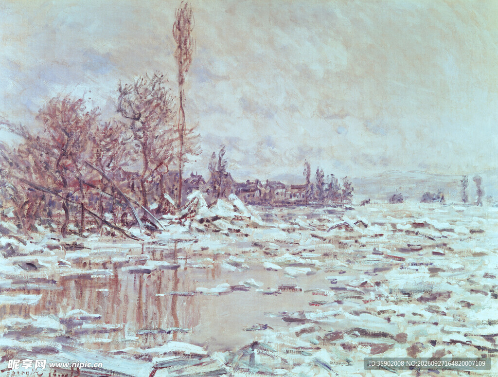 冬日河畔雪景油画