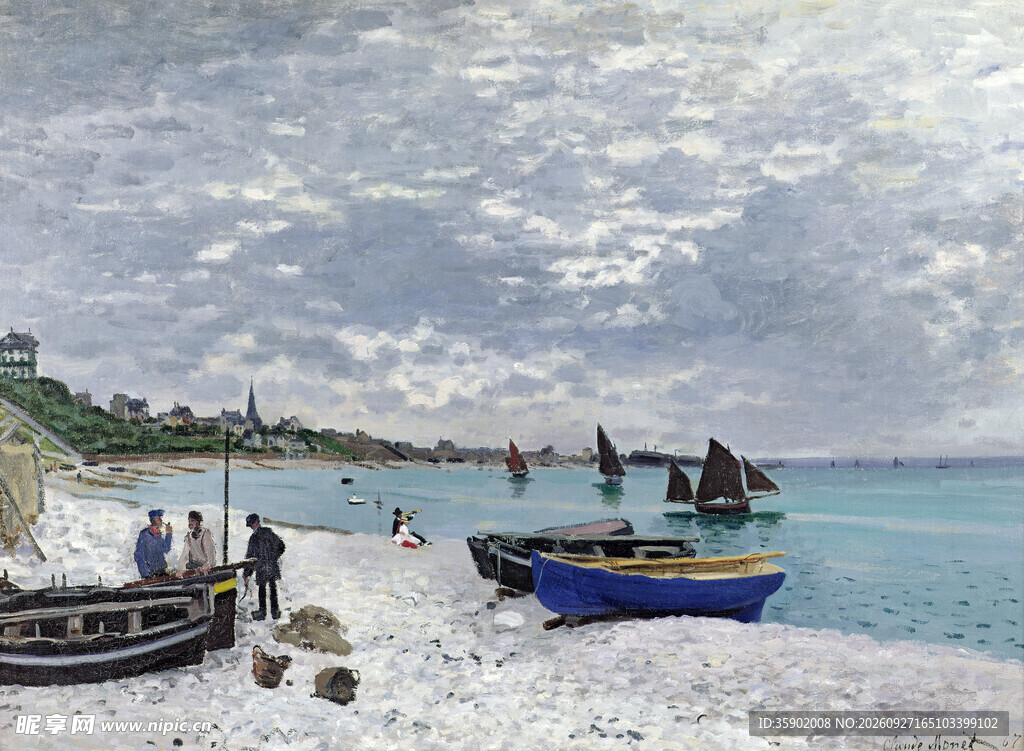 海滩渔船风景油画