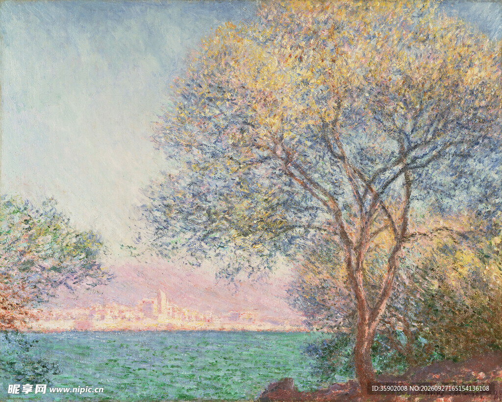 湖畔晨光风景油画