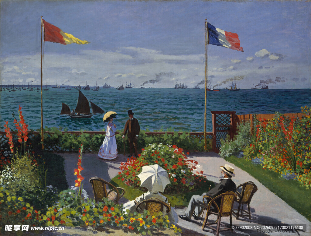 海边花园印象派油画