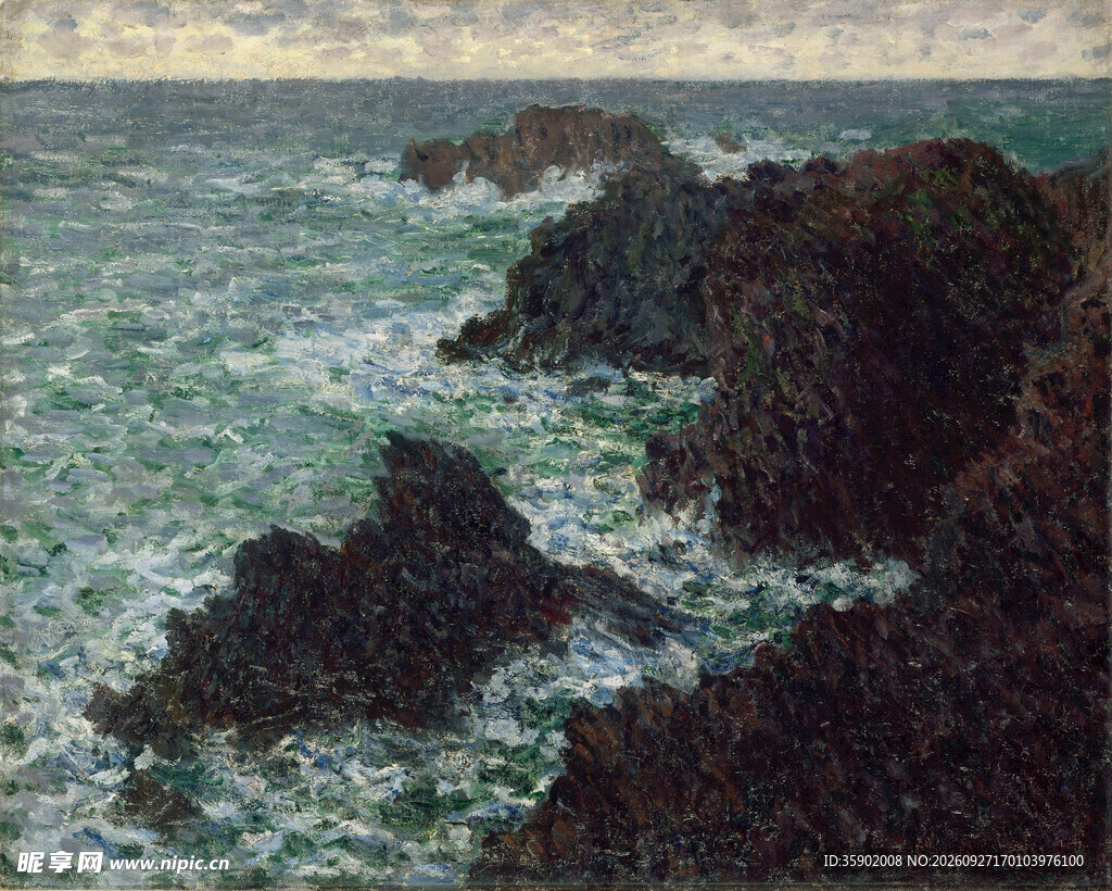 海岸礁石海景油画