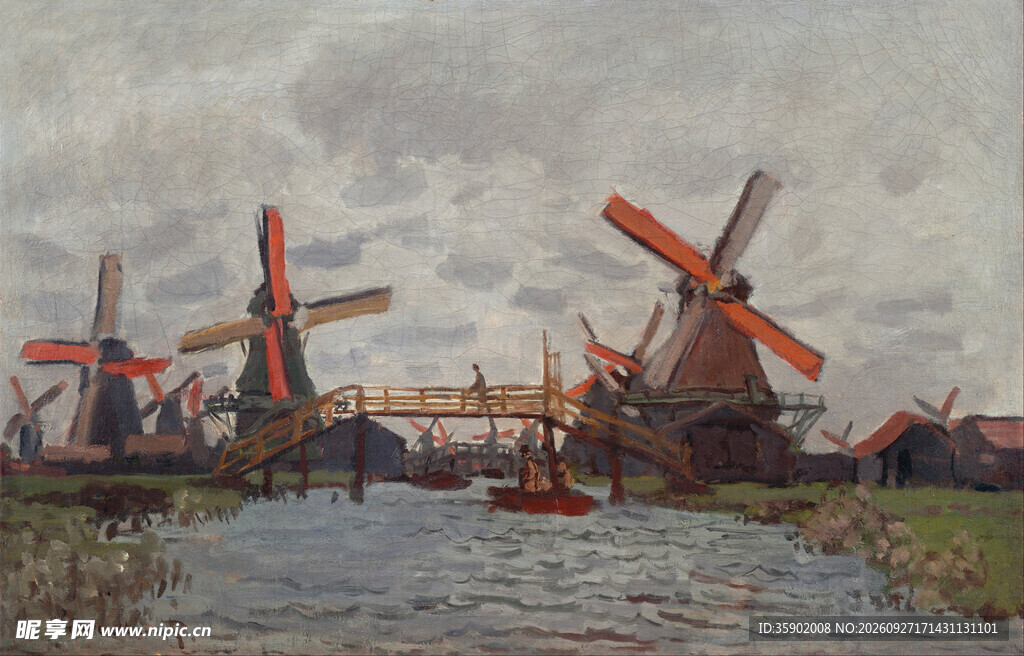 荷兰运河风车风景油画