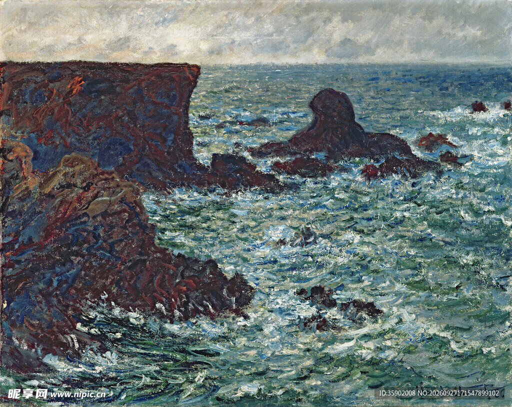 海岸礁石风景油画