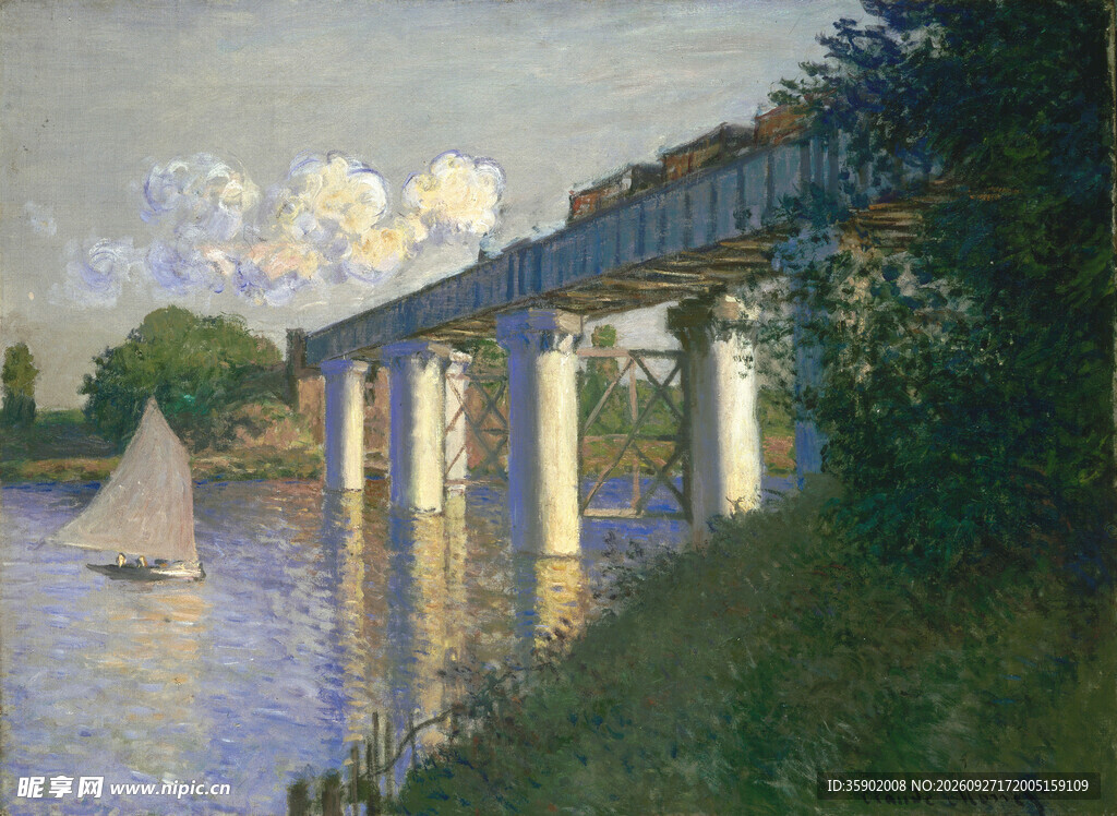 河畔桥梁风景油画