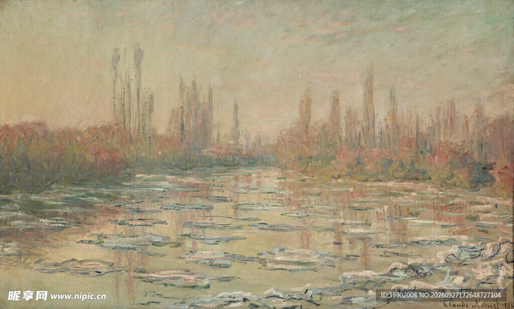 雾中河畔城市风景油画