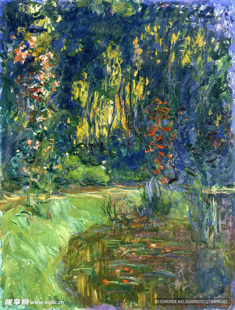 湖畔林间风景油画