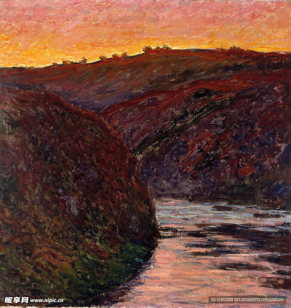 黄昏河畔风景油画