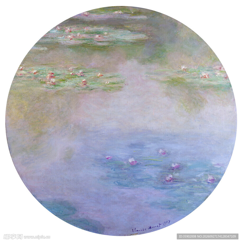 圆形莫奈风睡莲油画