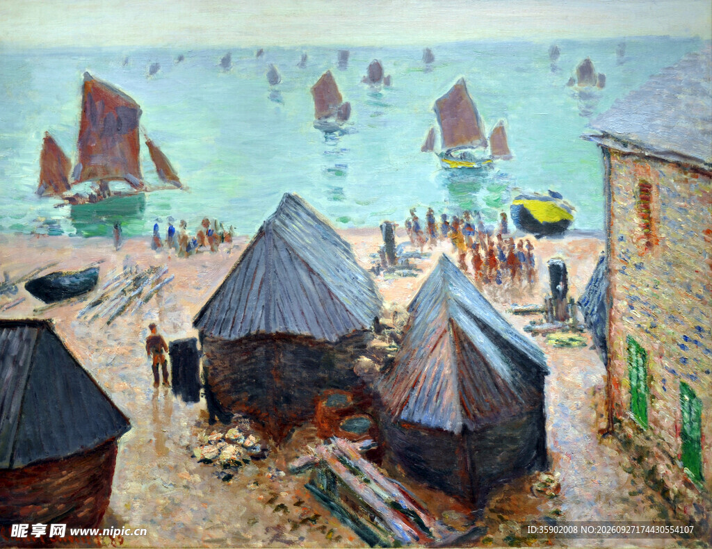 海岸渔村风景油画