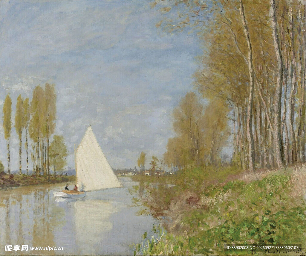 河畔帆船风景油画