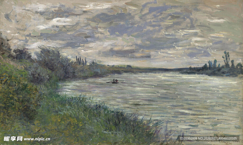 河畔阴天风景油画