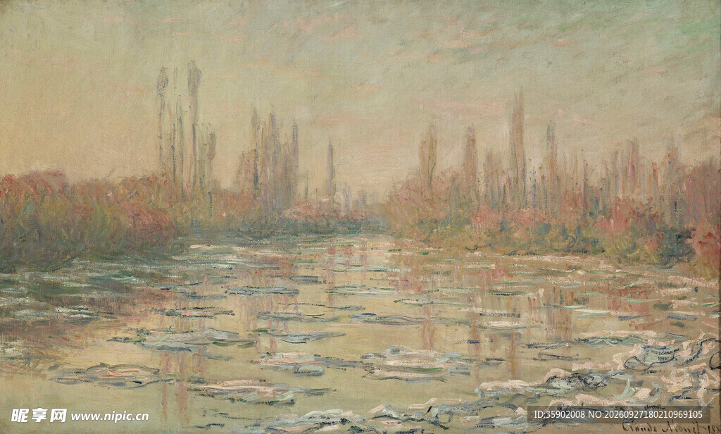 雾中河畔城市风景油画