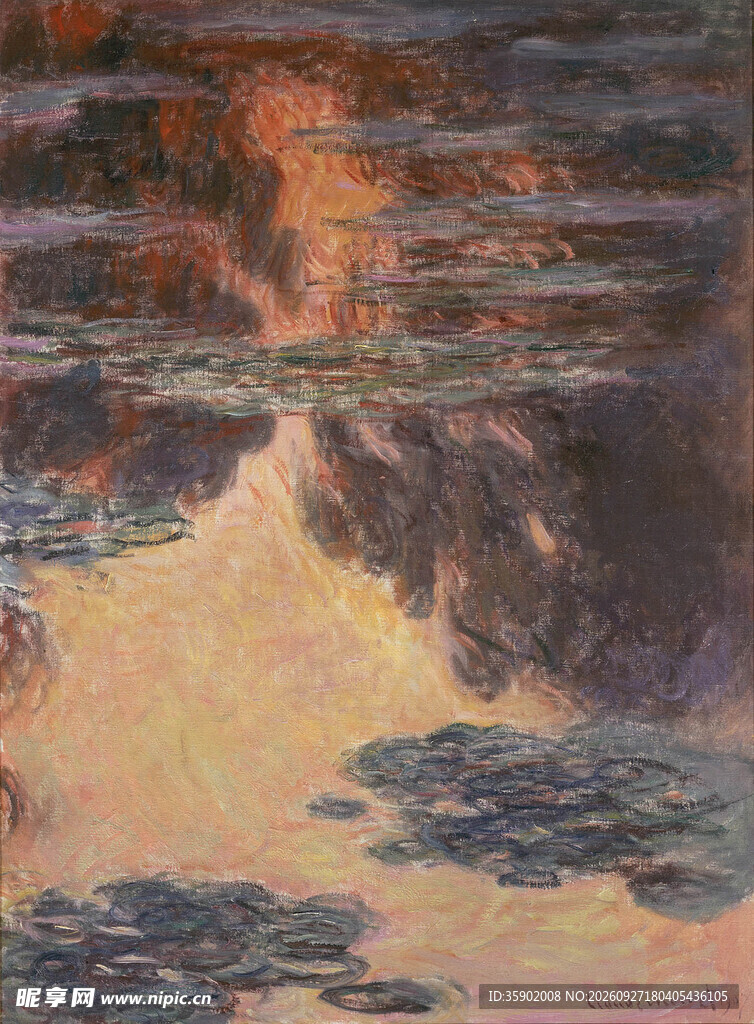 日落湖景印象油画