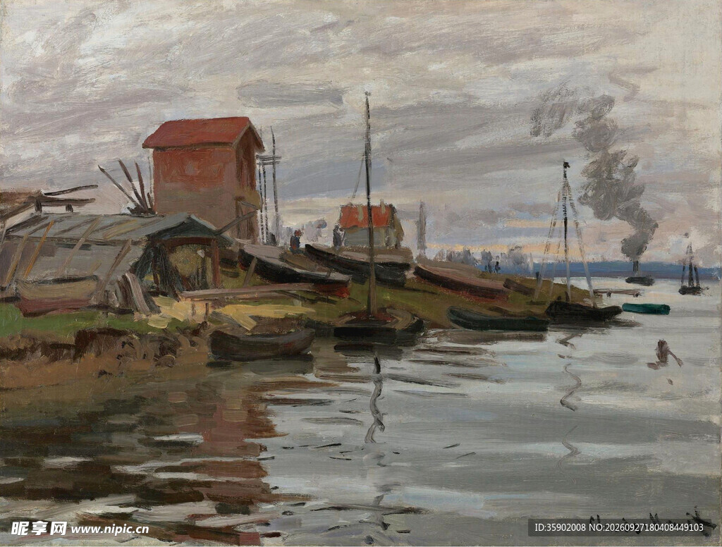 河畔红屋水景油画