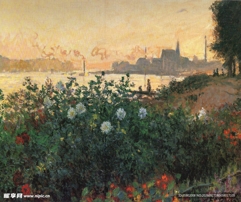 河畔黄昏花卉风景油画