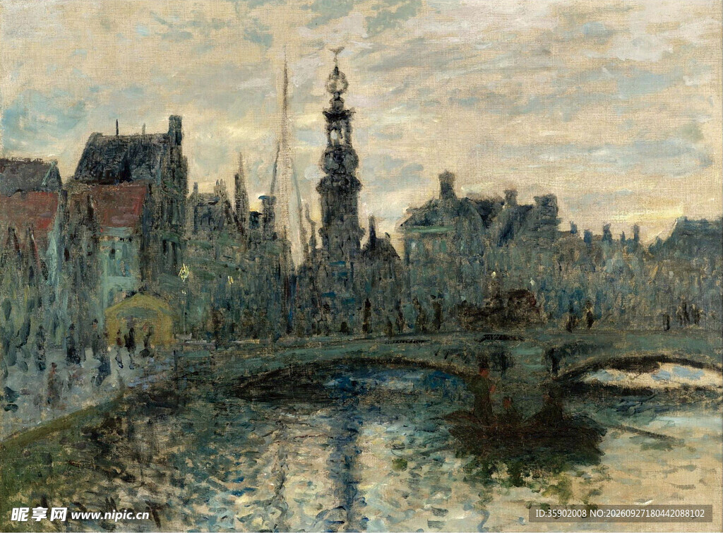 河畔欧式老城风景油画