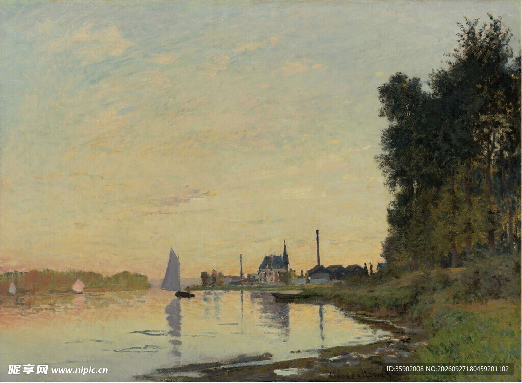 河畔黄昏风景油画