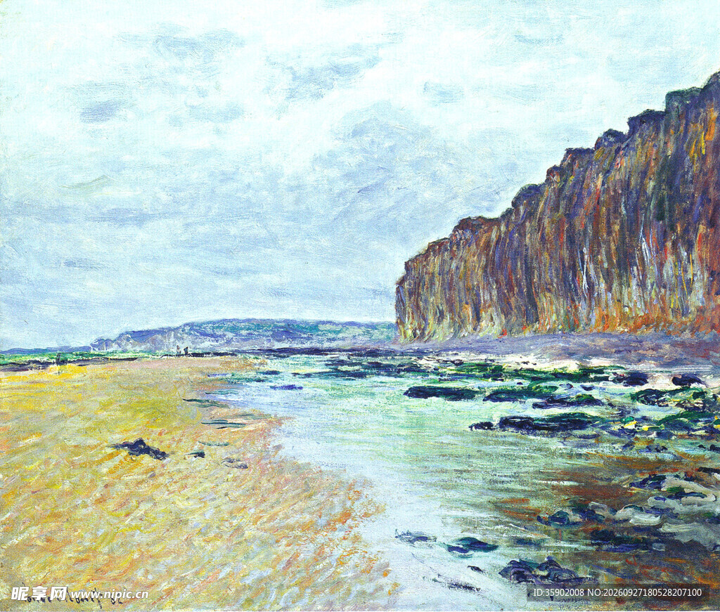海岸沙滩悬崖风景油画