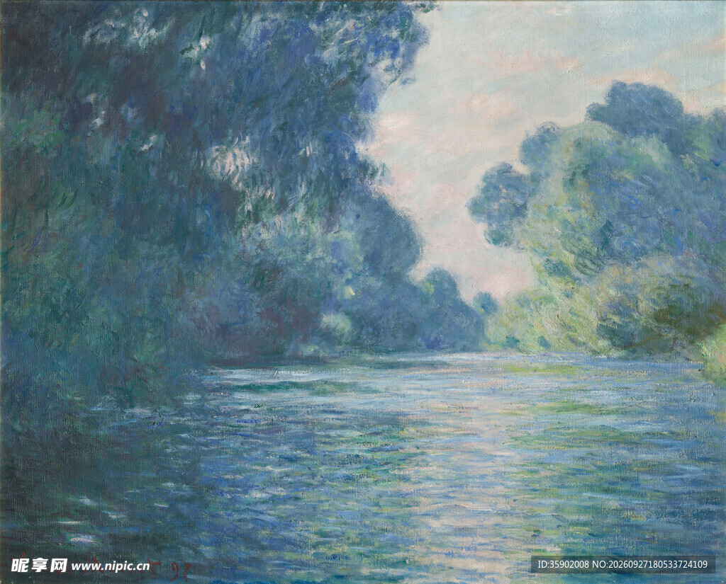 湖畔水景印象油画